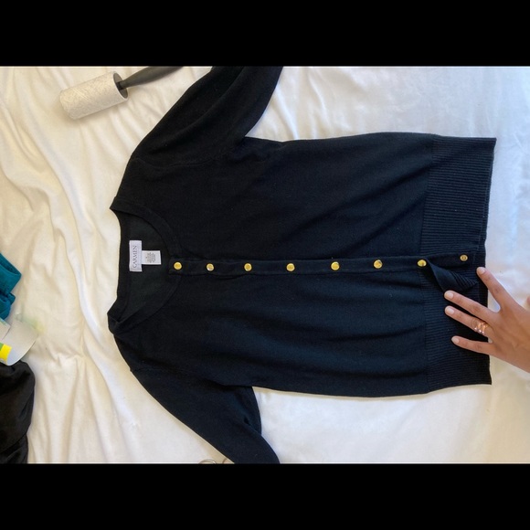 Carmen Marc Valvo Black Sweater w/ Gold Buttons, Scoop neck, 3/4 Sleeve - Small - Picture 3 of 7